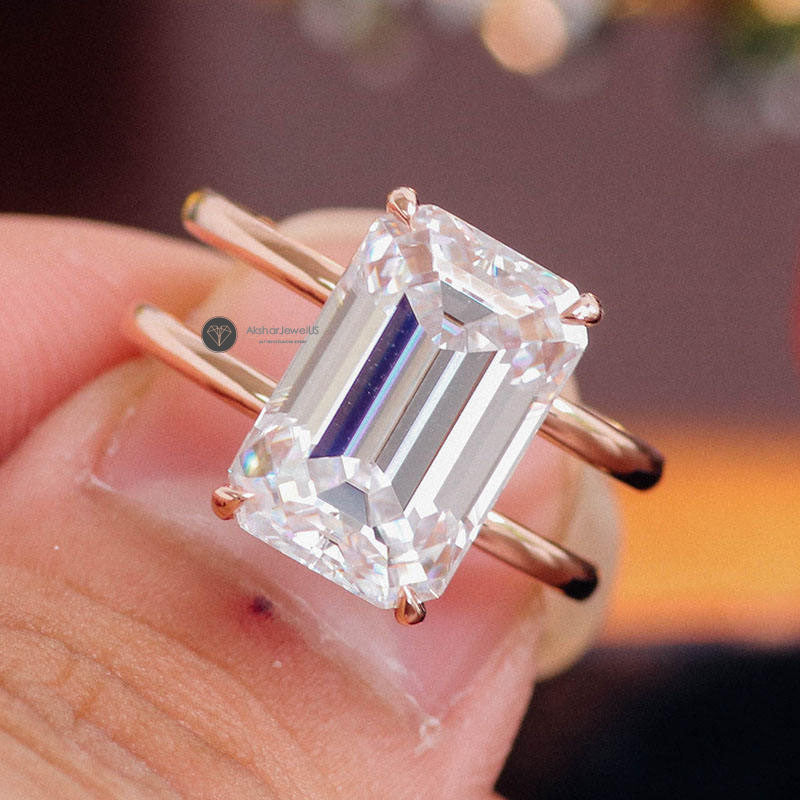 3.21CT Emerald Cut Hidden Halo Moissanite Engagement Ring