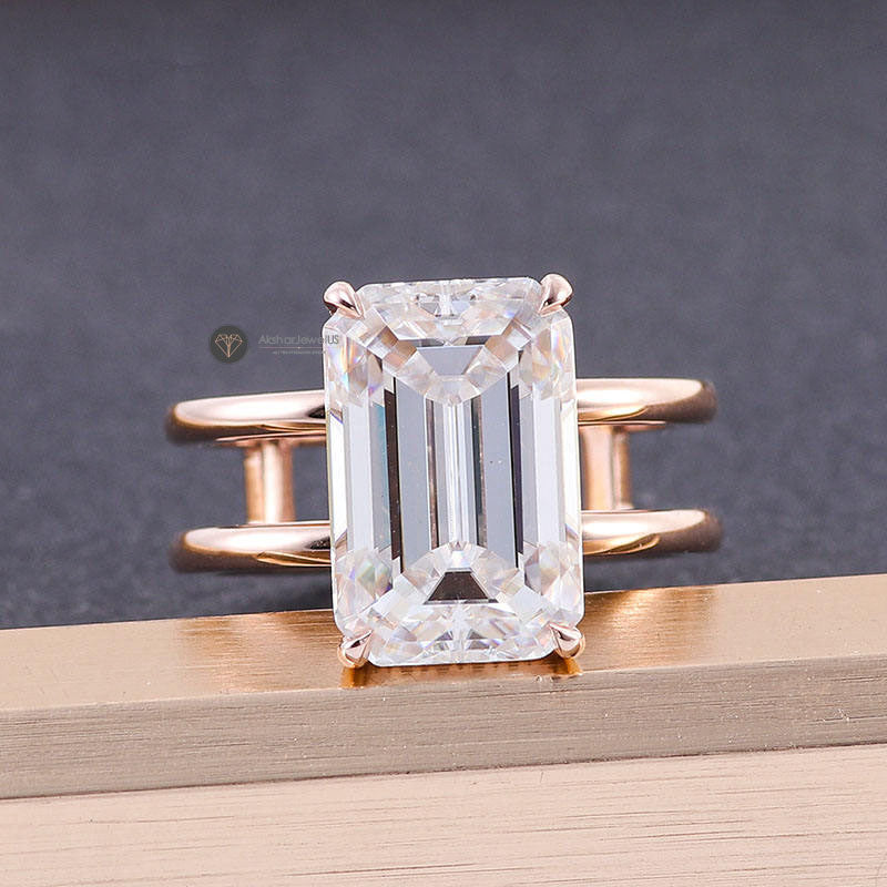 3.21CT Emerald Cut Hidden Halo Moissanite Engagement Ring