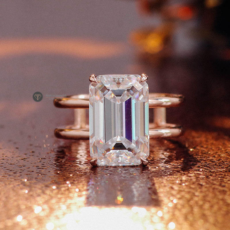 3.21CT Emerald Cut Hidden Halo Moissanite Engagement Ring