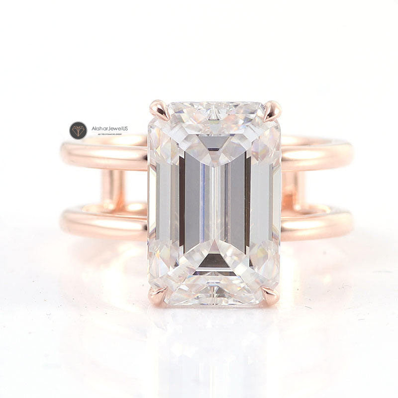 3.21CT Emerald Cut Hidden Halo Moissanite Engagement Ring