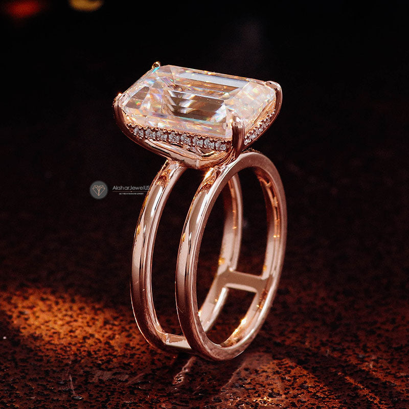 3.21CT Emerald Cut Hidden Halo Moissanite Engagement Ring