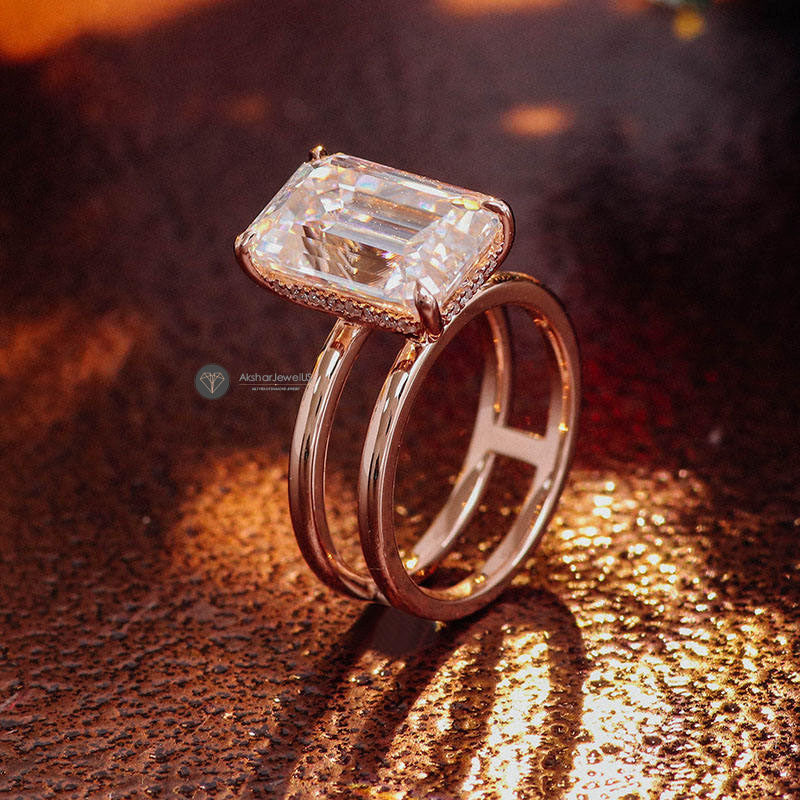 3.21CT Emerald Cut Hidden Halo Moissanite Engagement Ring