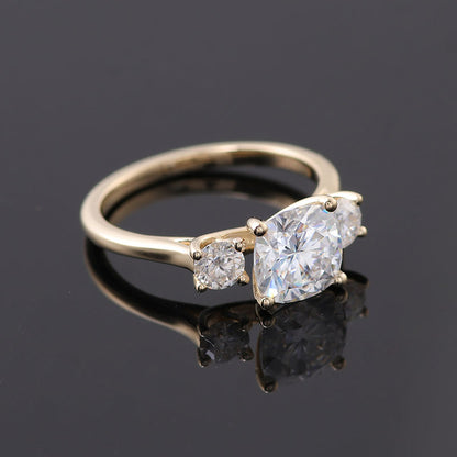 Cushion Cut Moissanite Diamond Ring, Two Side Round Cut Diamond Ring, view 3