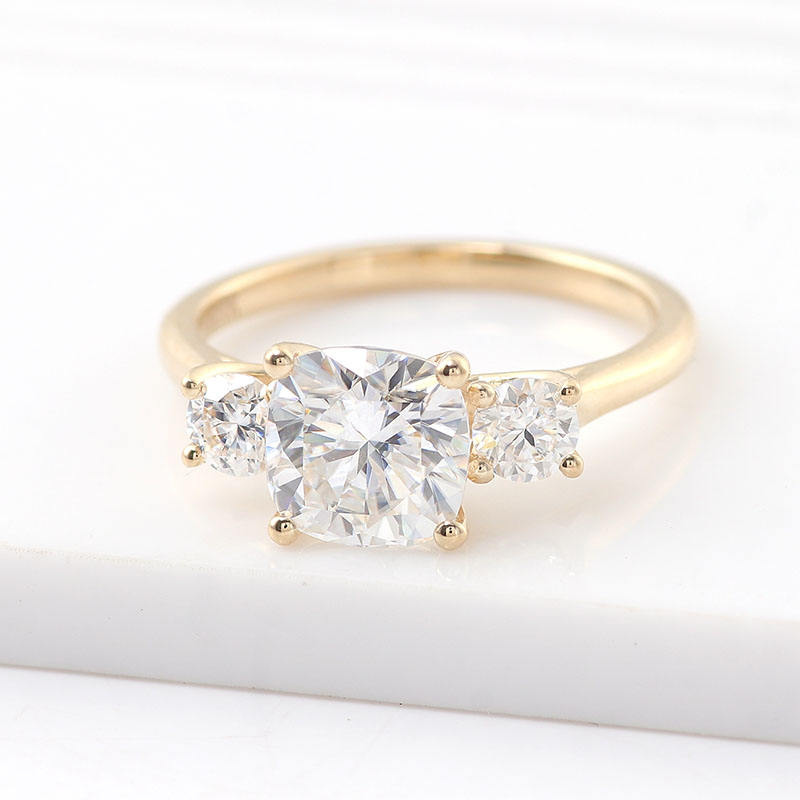 Cushion Cut Moissanite Diamond Ring, Two Side Round Cut Diamond Ring