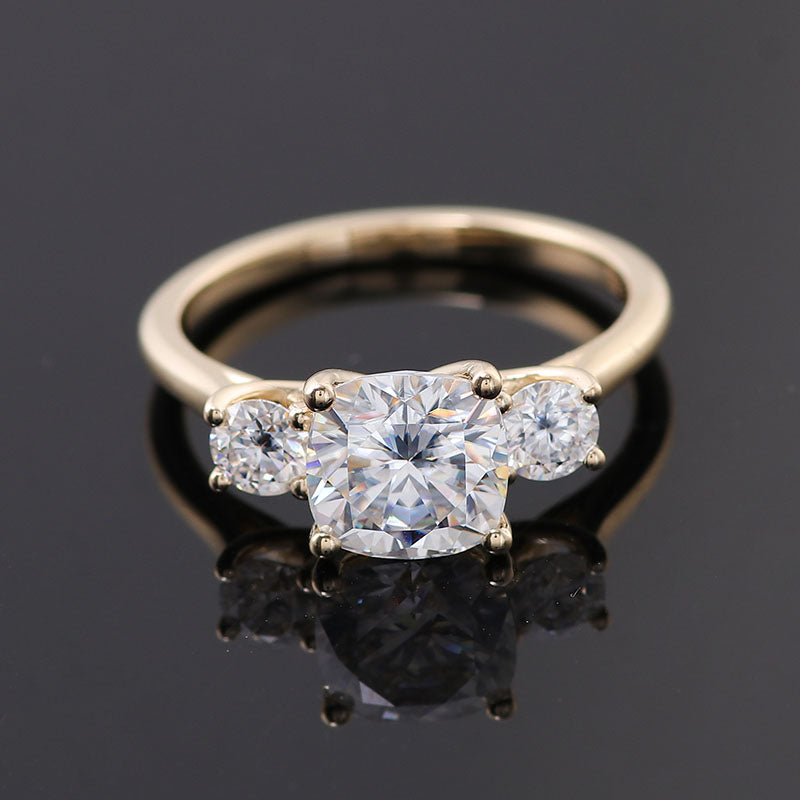 Cushion Cut Moissanite Diamond Ring, Two Side Round Cut Diamond Ring