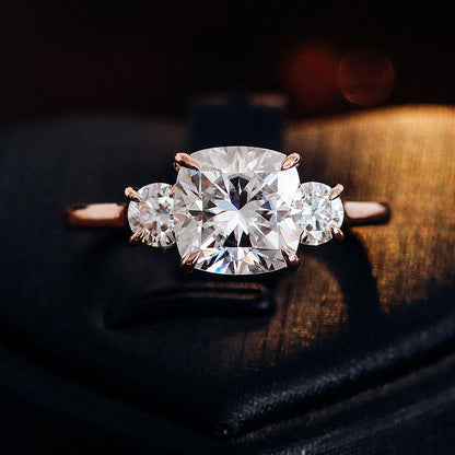 Cushion Cut Moissanite Diamond Ring, Two Side Round Cut Diamond Ring, view 9