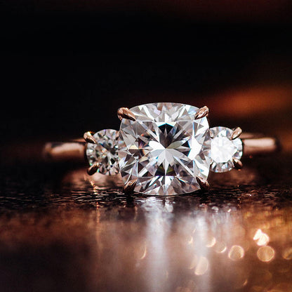 Cushion Cut Moissanite Diamond Ring, Two Side Round Cut Diamond Ring, view 2