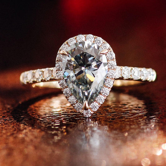 Gray Pear Cut Halo Moissanite Engagement Ring