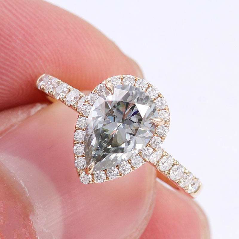 Gray Pear Cut Halo Moissanite Engagement Ring