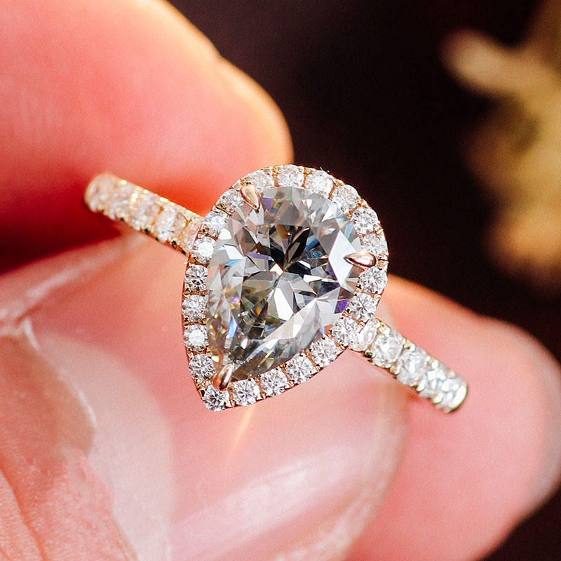 Gray Pear Cut Halo Moissanite Engagement Ring