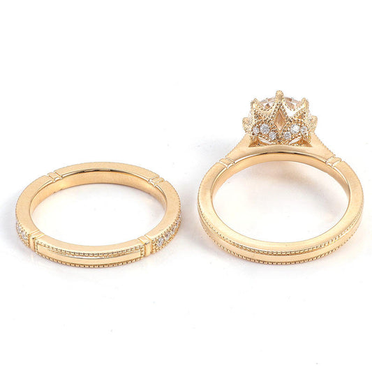 Round Cut Lab Diamond Ring, Moissanite Vintage Style Milgrain Ring Set, view 1