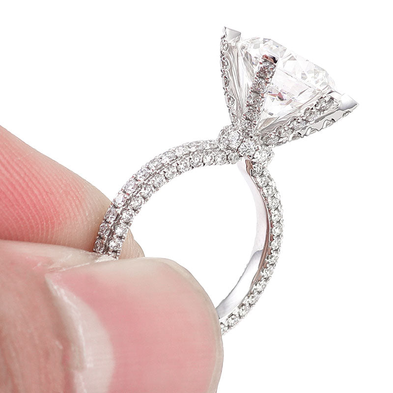 Round Cut Hidden Halo Three Row Stone Moissanite Diamond ring