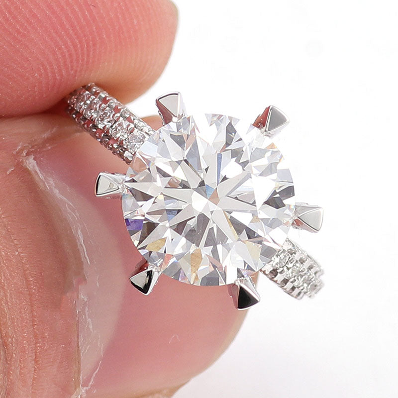 Round Cut Hidden Halo Three Row Stone Moissanite Diamond ring