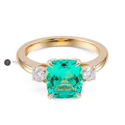 Green Cushion cut Moissanite Old Mine three stone Engagement Ring, view 1