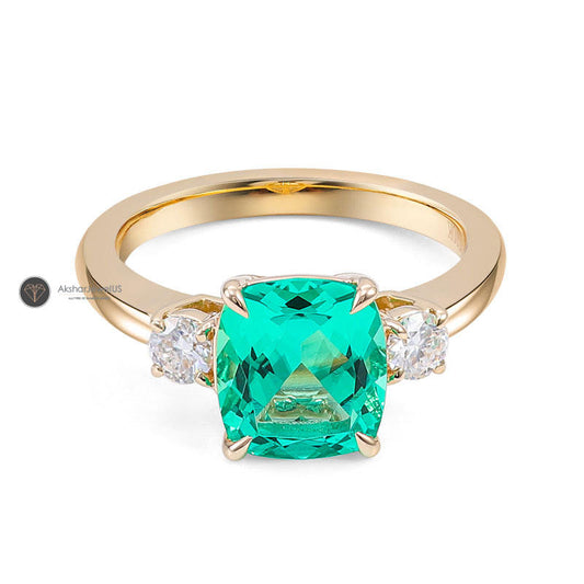 Green Cushion cut Moissanite Old Mine three stone Engagement Ring, view 1