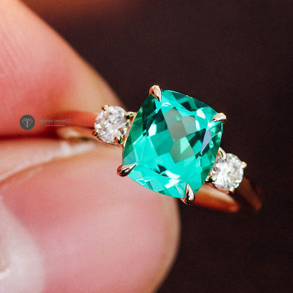 Green Cushion cut Moissanite Old Mine three stone Engagement Ring, view 3