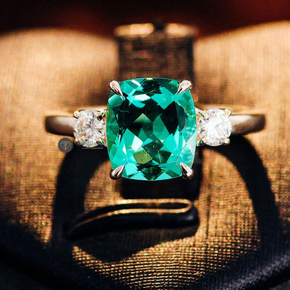 Green Cushion cut Moissanite Old Mine three stone Engagement Ring, view 2