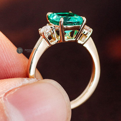 Green Cushion cut Moissanite Old Mine three stone Engagement Ring, view 4