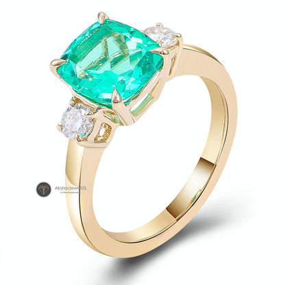 Green Cushion cut Moissanite Old Mine three stone Engagement Ring, view 6