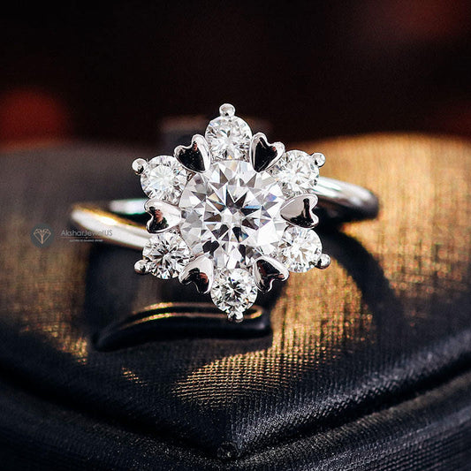 Round Cut Moissanite Diamond With Flower Design Halo Ring