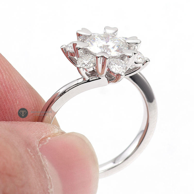 Round Cut Moissanite Diamond With Flower Design Halo Ring