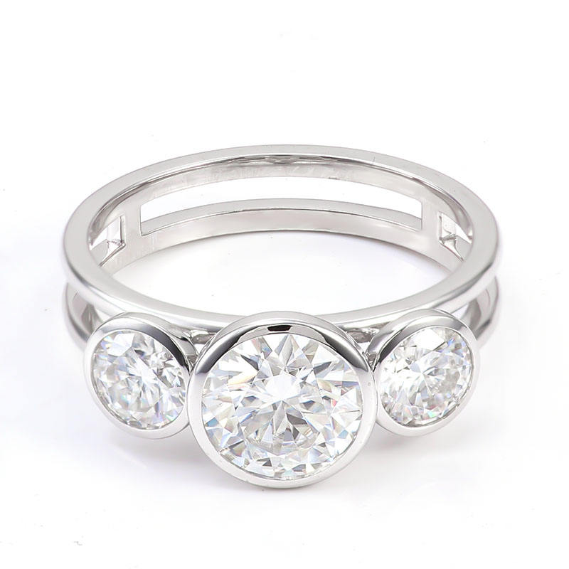 Round Moissanite Diamond Three Stone Bezel Set Ring