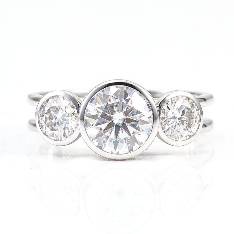 Round Moissanite Diamond Three Stone Bezel Set Ring