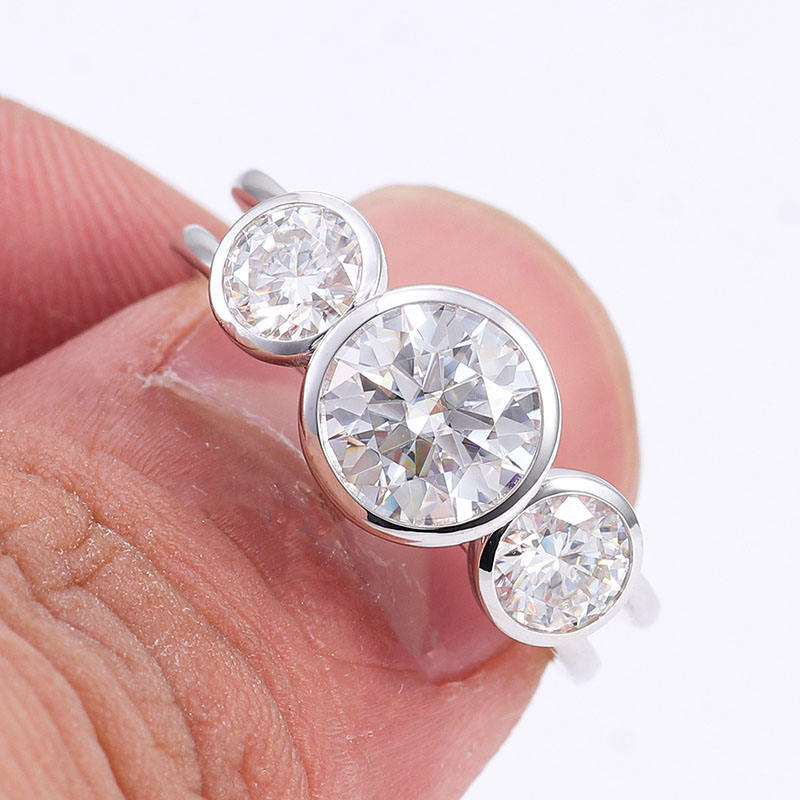 Round Moissanite Diamond Three Stone Bezel Set Ring