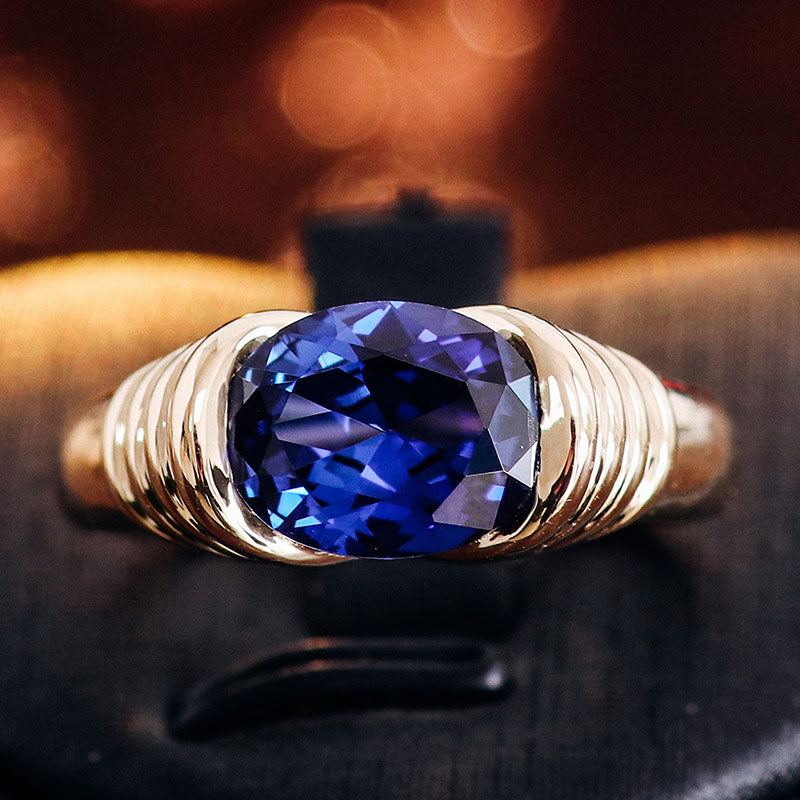 Vintage Style Blue Cushion Cut Sapphire Elongated East West Solitaire Ring