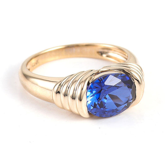 Vintage Style Blue Cushion Cut Sapphire Elongated East West Solitaire Ring, view 1