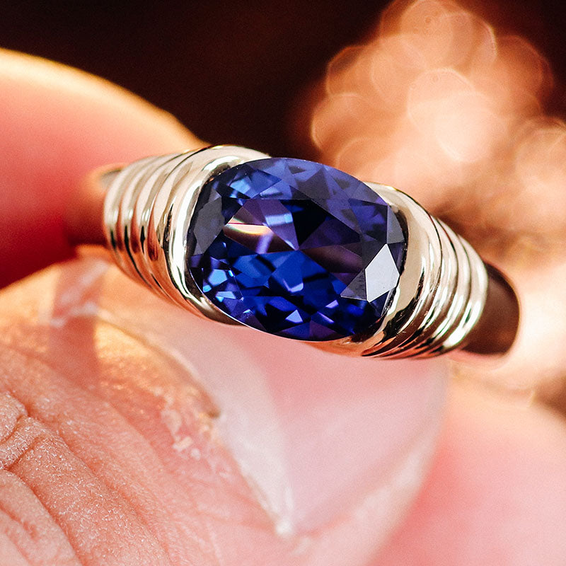 Vintage Style Blue Cushion Cut Sapphire Elongated East West Solitaire Ring