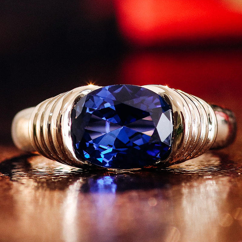 Vintage Style Blue Cushion Cut Sapphire Elongated East West Solitaire Ring