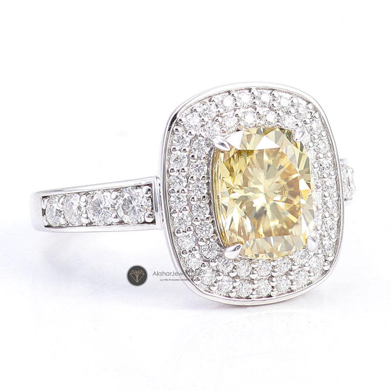 Elongated Yellow Cushion Cut Double Halo Engagement Ring