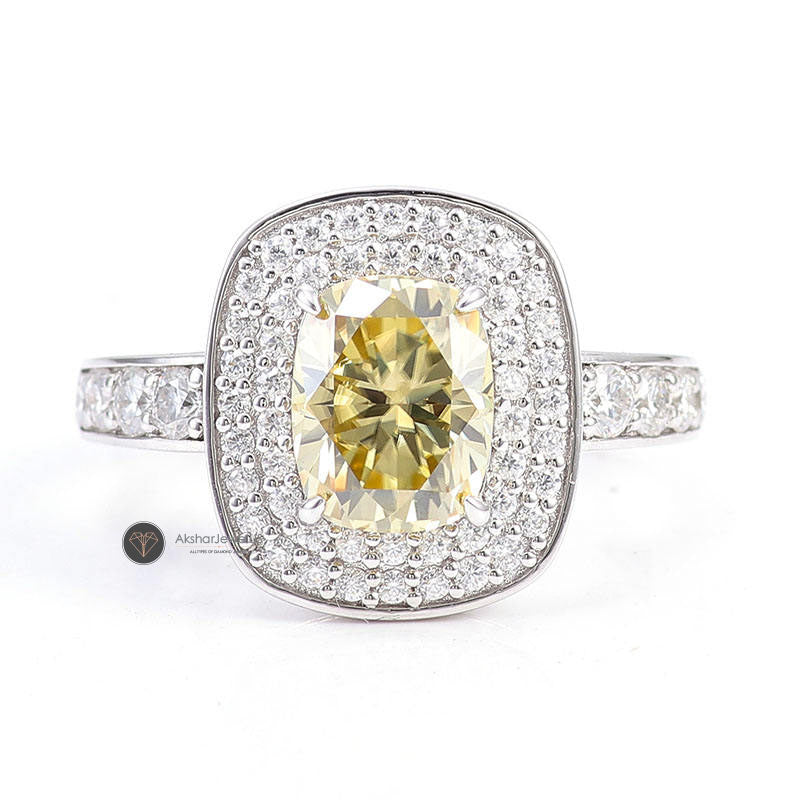 Elongated Yellow Cushion Cut Double Halo Engagement Ring