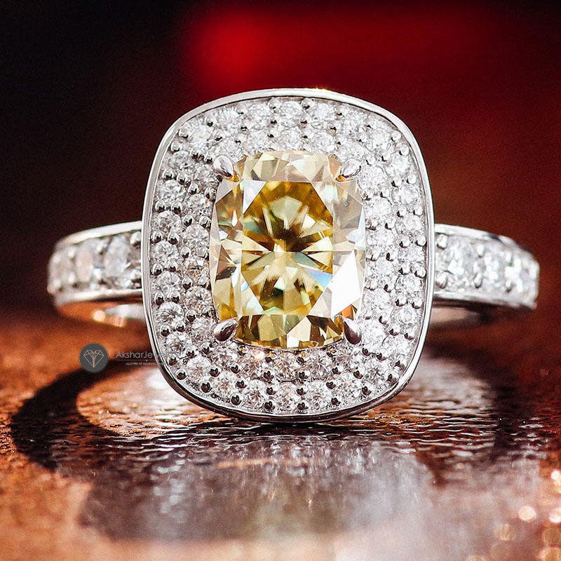 Elongated Yellow Cushion Cut Double Halo Engagement Ring