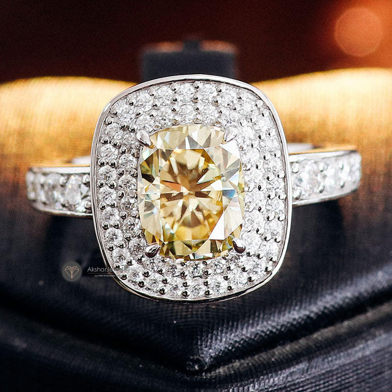 Elongated Yellow Cushion Cut Double Halo Engagement Ring