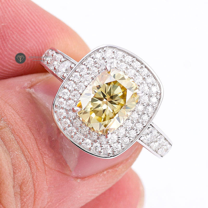 Elongated Yellow Cushion Cut Double Halo Engagement Ring