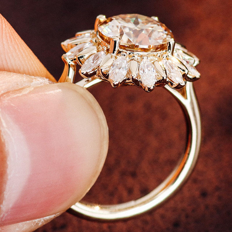 Vintage Style Round Cut Flower Halo Ring, Moissanite Diamond Marquise Cut Halo Ring