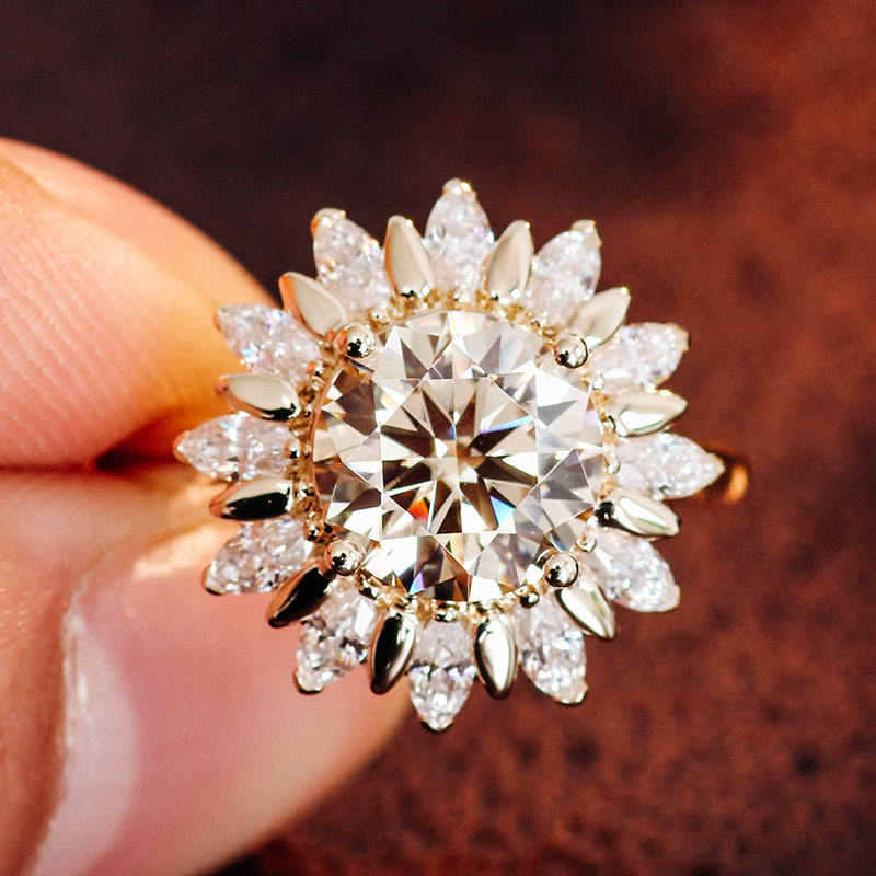 Vintage Style Round Cut Flower Halo Ring, Moissanite Diamond Marquise Cut Halo Ring