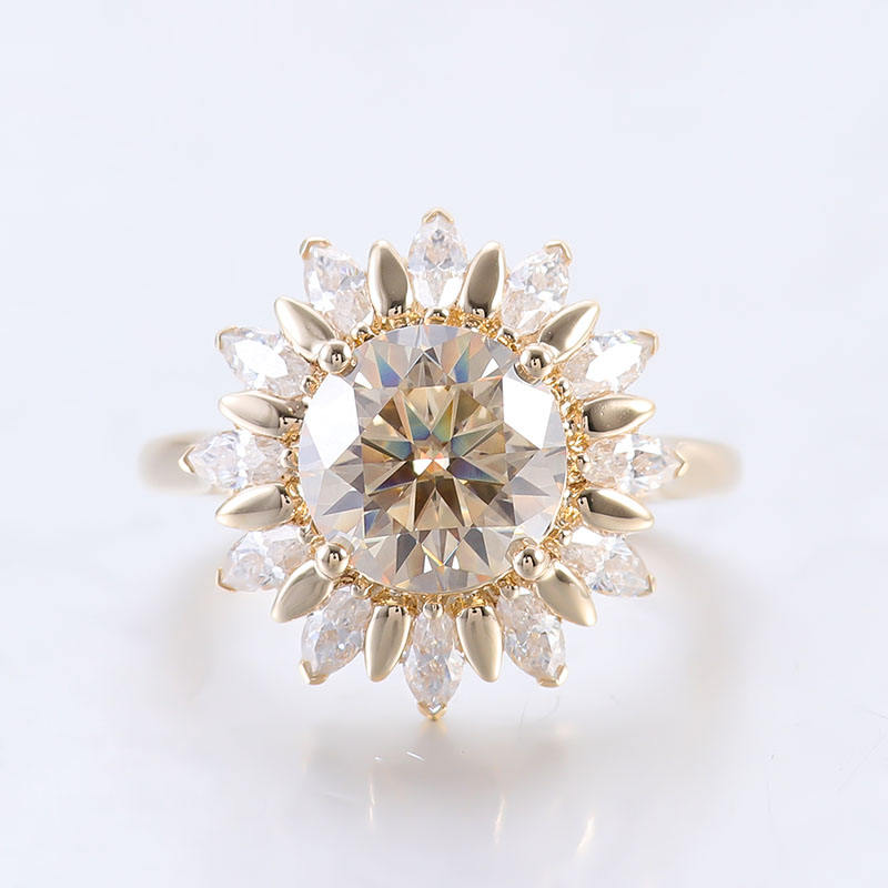 Vintage Style Round Cut Flower Halo Ring, Moissanite Diamond Marquise Cut Halo Ring