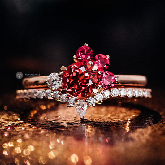 Pink Round Moissanite Diamond Cluster Ring,  Half Eternity Matching Band