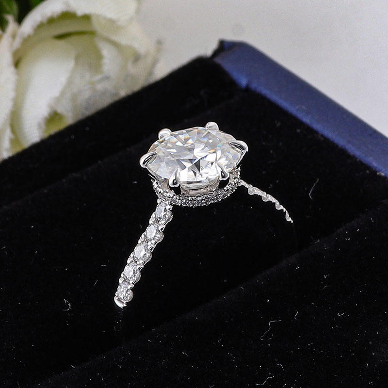 Hidden Halo Ring with Pave Setting, Round Moissanite Wedding Ring