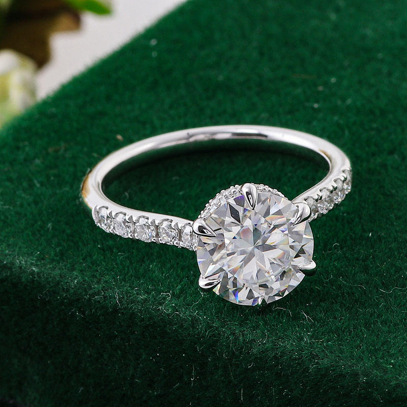 Hidden Halo Ring with Pave Setting, Round Moissanite Wedding Ring