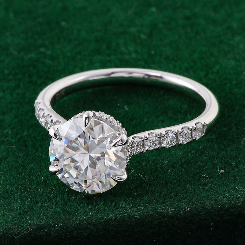 Hidden Halo Ring with Pave Setting, Round Moissanite Wedding Ring