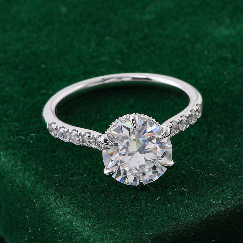 Hidden Halo Ring with Pave Setting, Round Moissanite Wedding Ring