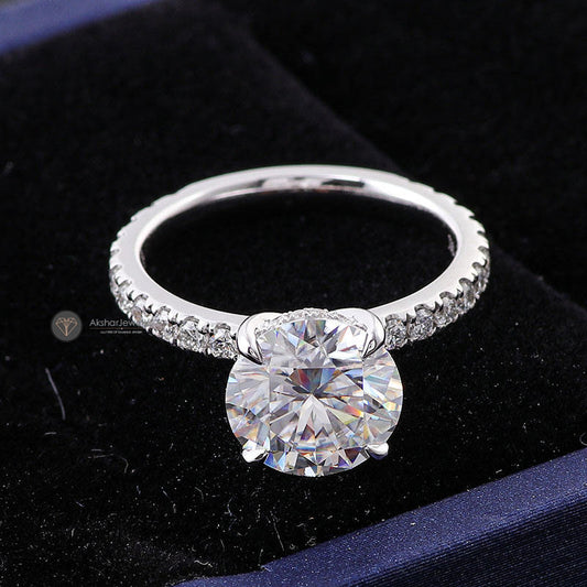 Round Cut Moissanite Hidden Halo With Side Accent Ring