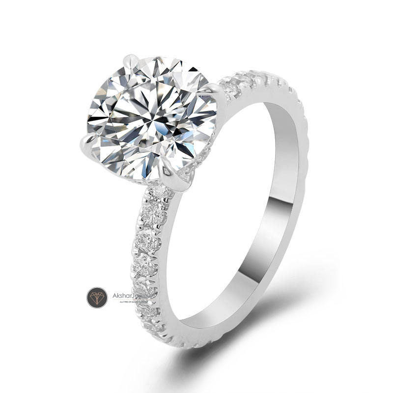 Round Cut Moissanite Hidden Halo With Side Accent Ring