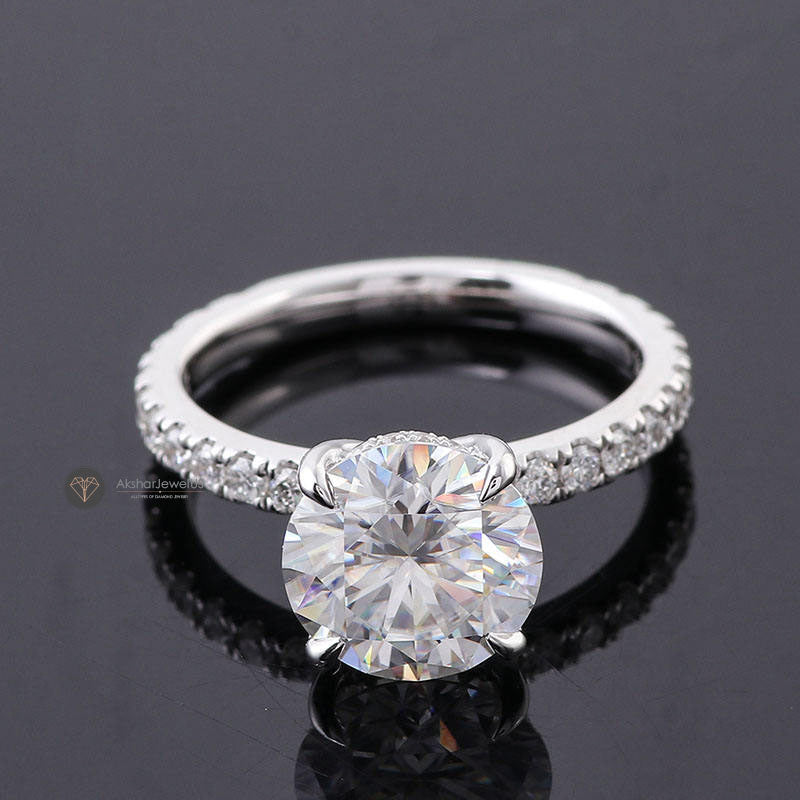 Round Cut Moissanite Hidden Halo With Side Accent Ring