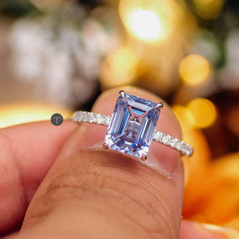 Emerald Cut Natural Aquamarine Side stone Engagement Ring, Ring For women, Ring Gift For Her, Claw Prong Gemstone ring