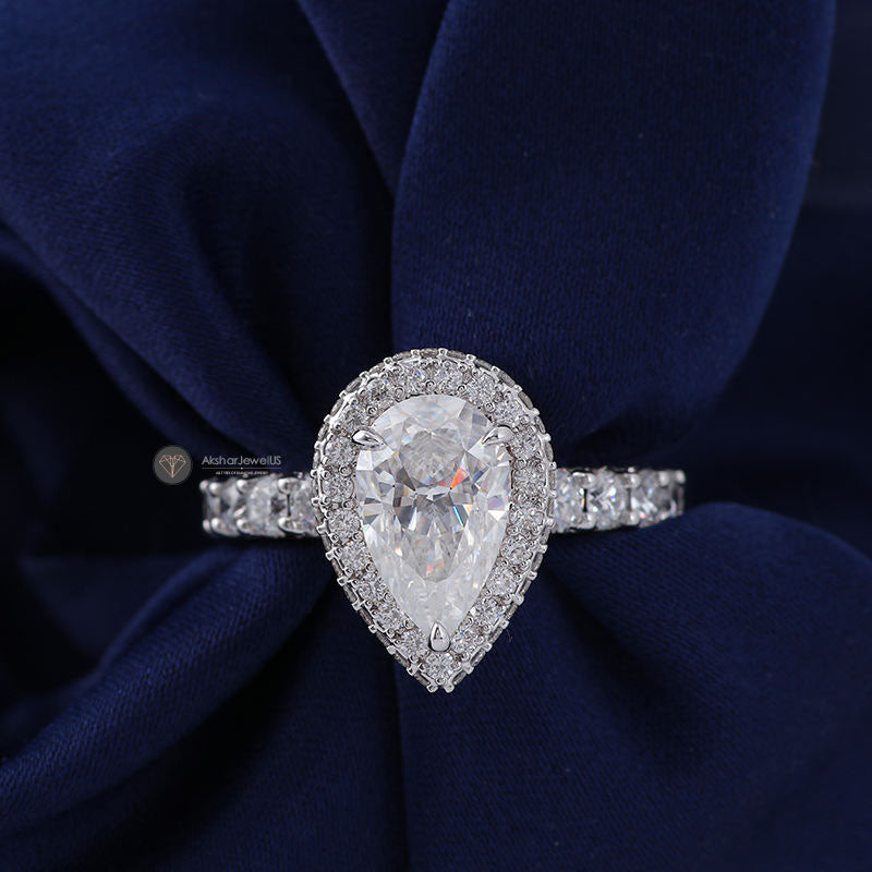 Elongated Pear Halo Moissanite Ring, Hidden Halo Wedding Ring